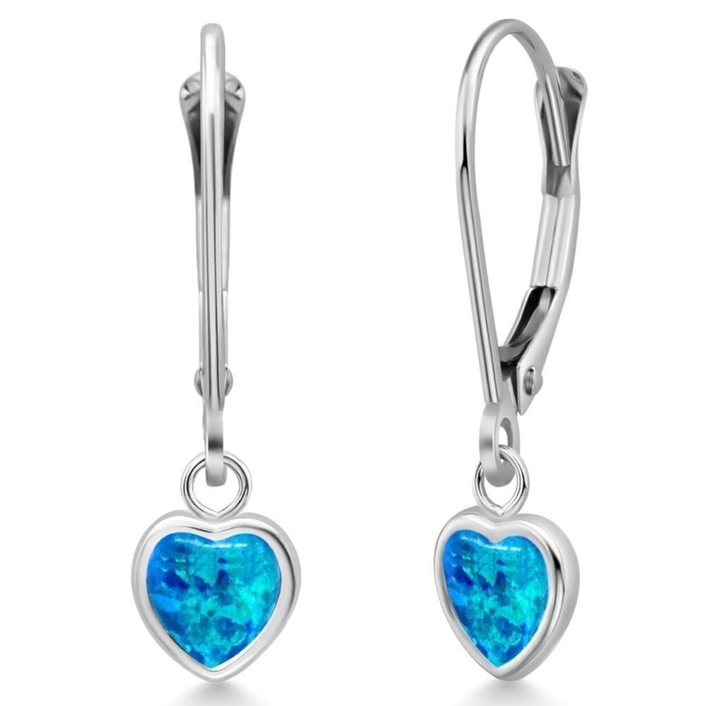 925 Sterling Silver 1.50 Cttw Blue Opal Heart Leverback Drop Earrings